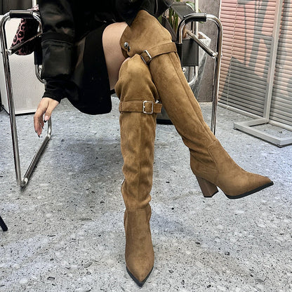 2025  Pointed high-heeled boots women's boots popular winter new two wear thick heel knee boots show thin temperament thin boots