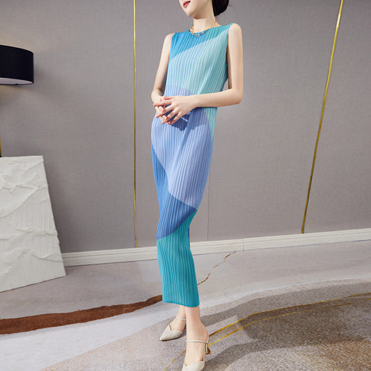 Folded skirt summer women's clothing wholesale long sleeveless printing thin versatile commuter design dress