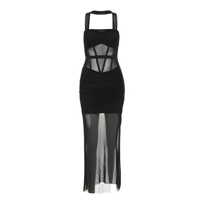 2025 style popular summer new women's clothing temperament wear black mesh splicing tight mesh dress