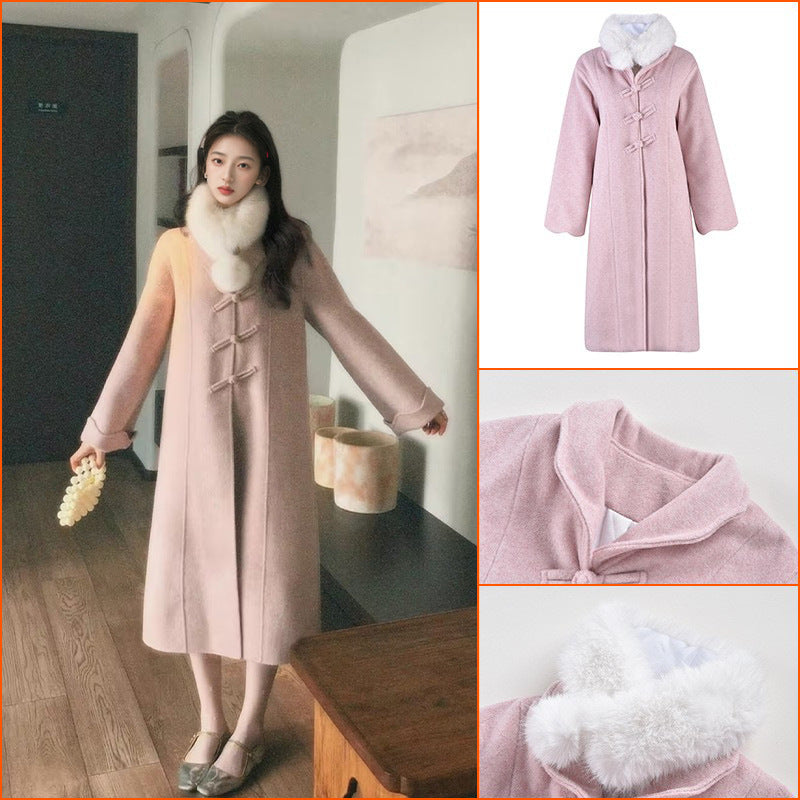 Premium celebrity temperament pink new Chinese coat  autumn and winter new Chinese woolen coat LY028