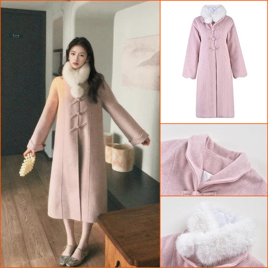 Premium celebrity temperament pink new Chinese coat  autumn and winter new Chinese woolen coat LY028