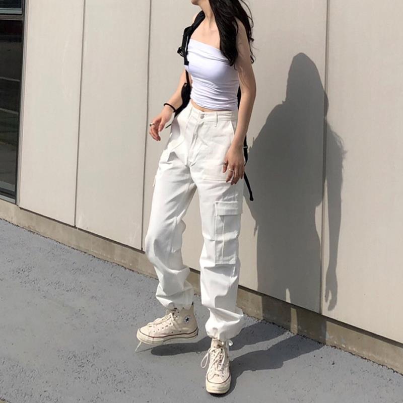 qgtao going out outfits Street Retro High Waist Slimming Large Pocket Drawstring Overalls Straight Casual Pants Ankle-Tied Pants Trousers for Women