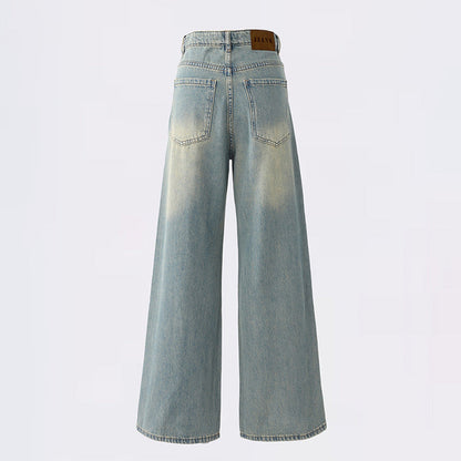 qgtao 90s streetwear Jinyin American Retro High Waist Distressed Loose Wide Leg Pants Early Autumn New Straight Jeans Trousers Lengthened