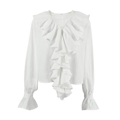 2025 popular  pure cotton lace fashionable and sexy V-neck shoulder sleeves autumn and winter retro niche ruffle edge women's shirt