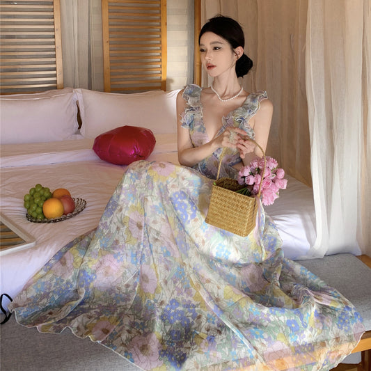 2025 coffee break summer dopamine print beautiful floral suspender dress women's seaside vacation dress beach dress