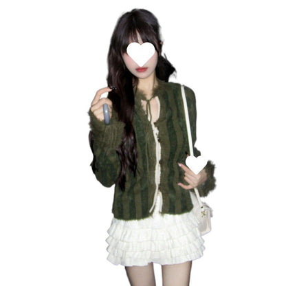 qgtao masc outfits Sweet Hot Girl Retro Lace-up Long-Sleeved Cardigan Sweater Women's Autumn New Plush Stitching All-Matching Coat Top