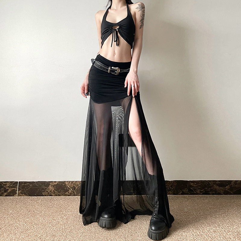 2025 style popular summer new women's clothing sexy fashion black mesh transparent slit skirt skirt