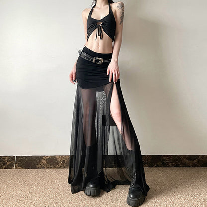 2025 style popular summer new women's clothing sexy fashion black mesh transparent slit skirt skirt