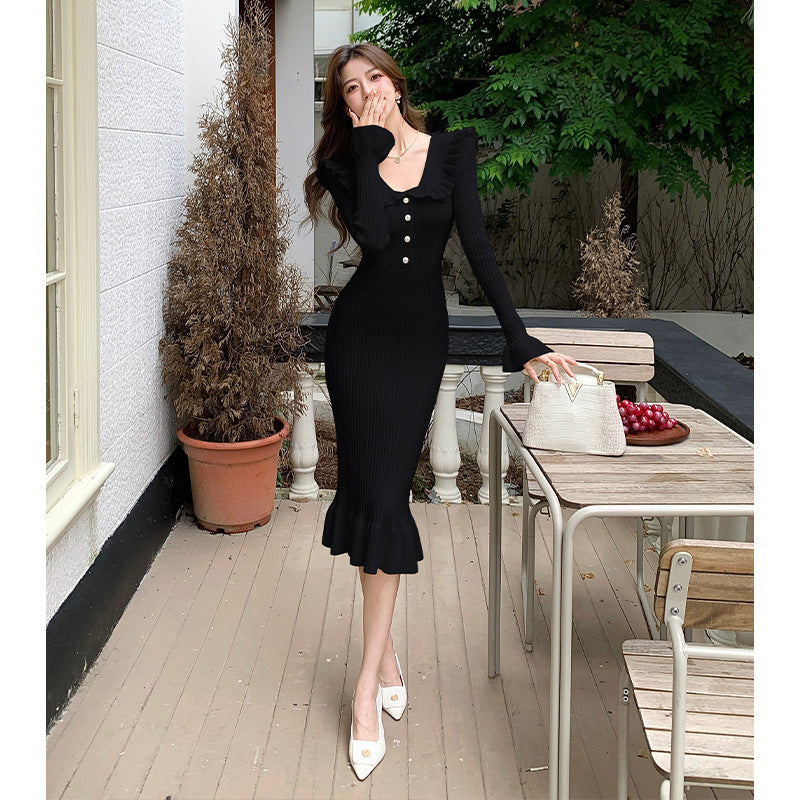 ruffle edge long-sleeved knitted dress women's small fragrance retro temperament lady hip-wrapped fishtail sweater skirt