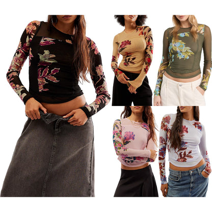 qgtao barn jacket outfits 2024 New Hot-Selling Mesh Double-Layer Spring and Summer Digital Printing Flower Hot-Selling Slim-Fit Long-Sleeved T-shirt for Women