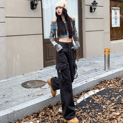 2025 n high street retro overalls jeans women's summer high waist loose wide leg casual pants straight pants long pants