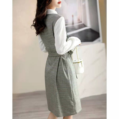 qgtao business casual outfits for women Autumn New Commuter Elegant Socialite Age-Reducing Stitching Fake Two Pieces Dress Women