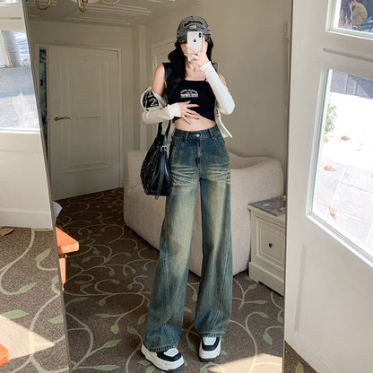 2025 Salt fried street pants nostalgic blue jeans women's high waist and thin design sense small wide leg floor pants