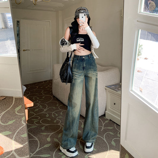 2025 Salt fried street pants nostalgic blue jeans women's high waist and thin design sense small wide leg floor pants
