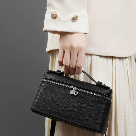 2025 Leather women's bag  new high-end lunch box bag, portable cosmetic bag, ostrich pattern shoulder messenger bag.