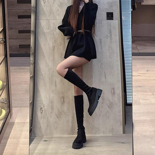 2025  But knee suede boots children thick-soled autumn and winter new thin elastic long tube thin boots flat knight boots