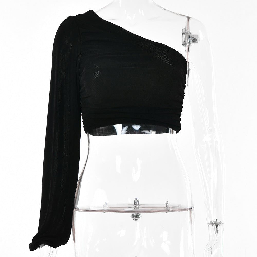 2025  ins fashionable and sexy women's tops  summer new slanted shoulder long-sleeved solid color pleated slim-fit small vest