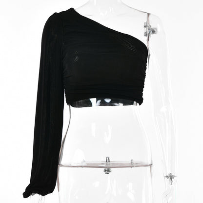 2025  ins fashionable and sexy women's tops  summer new slanted shoulder long-sleeved solid color pleated slim-fit small vest