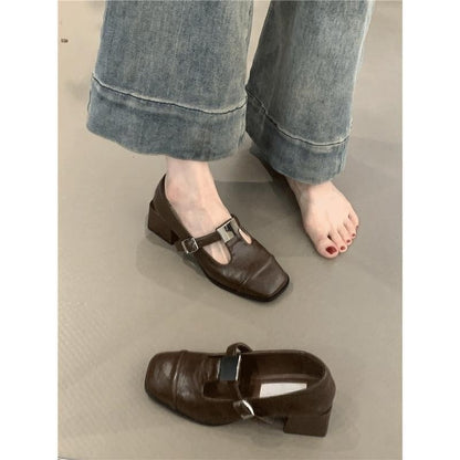 2025  Vintage Mary Jane shoes  square head with single shoes commuting thick heel loafers small leather shoes women