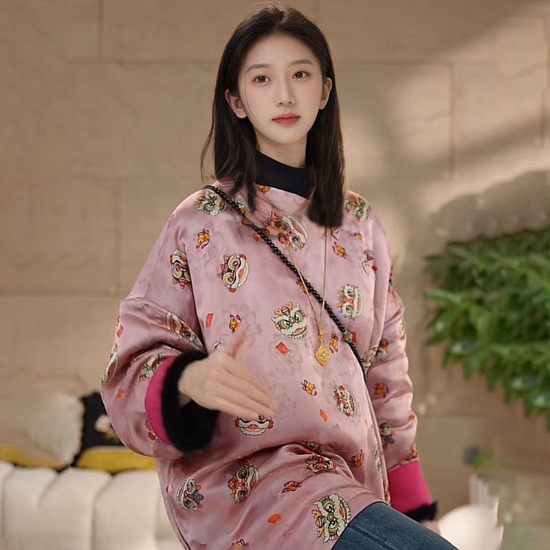 New Chinese style national style autumn and winter loose and comfortable round neck silk design cotton dress jacket women MY014