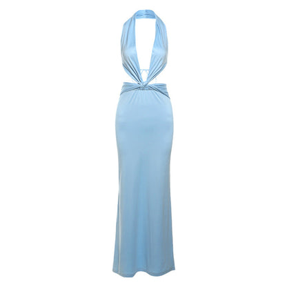 qgtao pop culture dress to impress 2024 Summer Women's New Fashion Solid Color Fresh Street Deep V Backless Lace-up Halter Dress