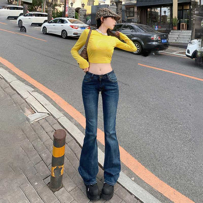 qgtao 2000s fashion American Retro Low Waist Hot Girl Flared Pants Slim Slimming Stretch Jeans Women's Autumn and Winter Trousers Lengthened
