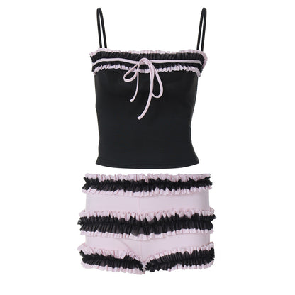 qgtao 2000s fashion Women's Clothing 2024 Summer New Fashion Lace Bow Lace-up Slim Strap Inner Shorts Suit Women