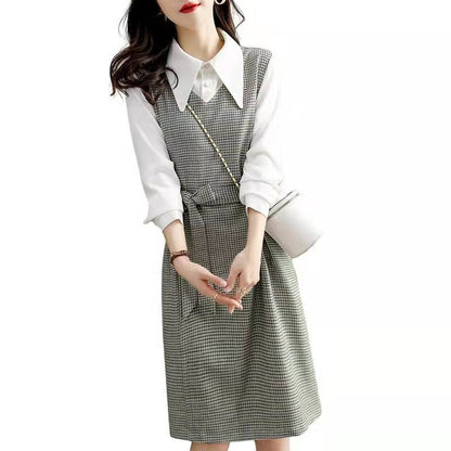 qgtao business casual outfits for women Autumn New Commuter Elegant Socialite Age-Reducing Stitching Fake Two Pieces Dress Women