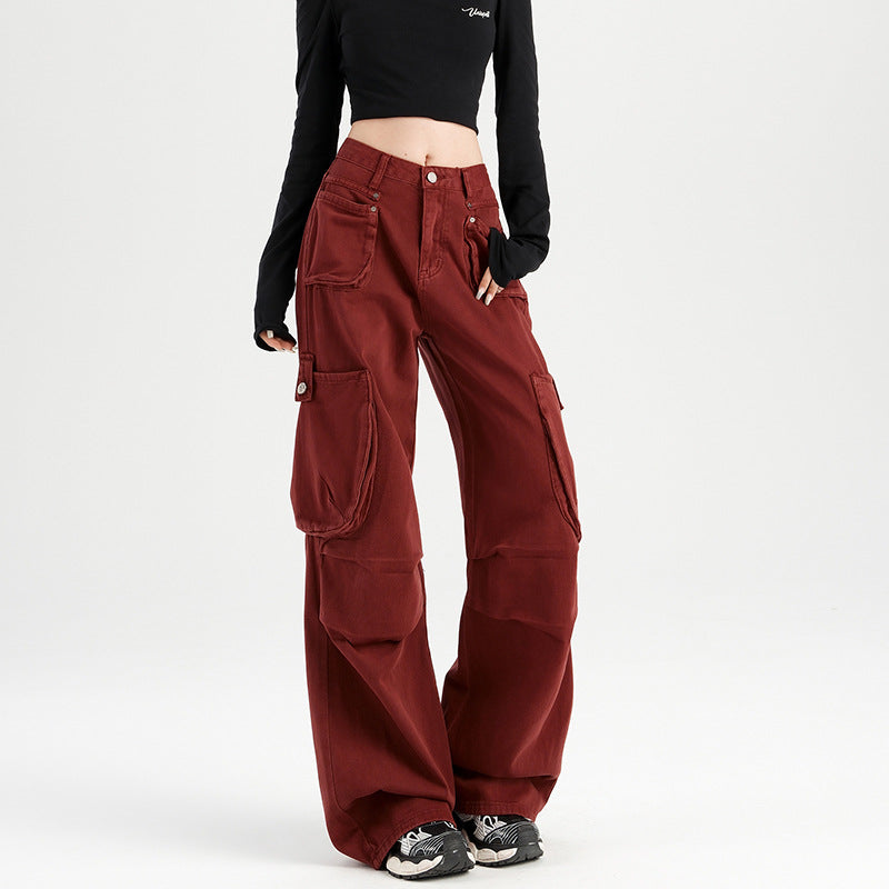 2025 A piece of wholesale hair delivery, n Ankola red dyed overalls, autumn Hong Kong style, high waist, multiple pockets, loose wide legs.