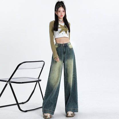 2025 popular retro blue n jeans women's early autumn new heavy industry washed fashion versatile wide leg mopping pants tide