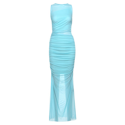 2025 style  spring new women's dress sexy mesh perspective sleeveless crew neck dress