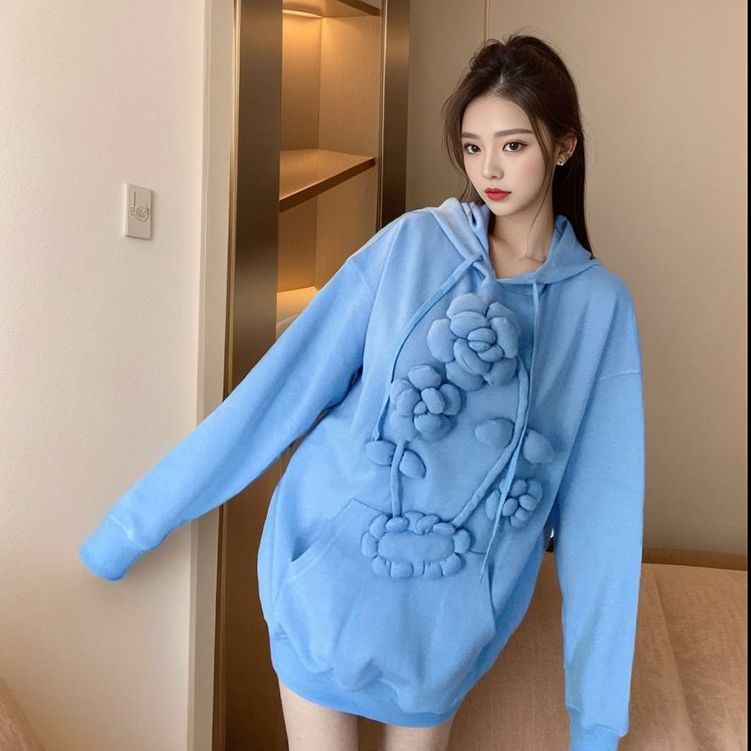 autumn new loose casual niche hoodie flower medium and long pullover hooded sweater thickened women's tide