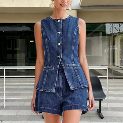 qgtao outfit inspo 2024 New Fashion Casual Single-Breasted Sleeveless Top High Waist Shorts Denim Suit
