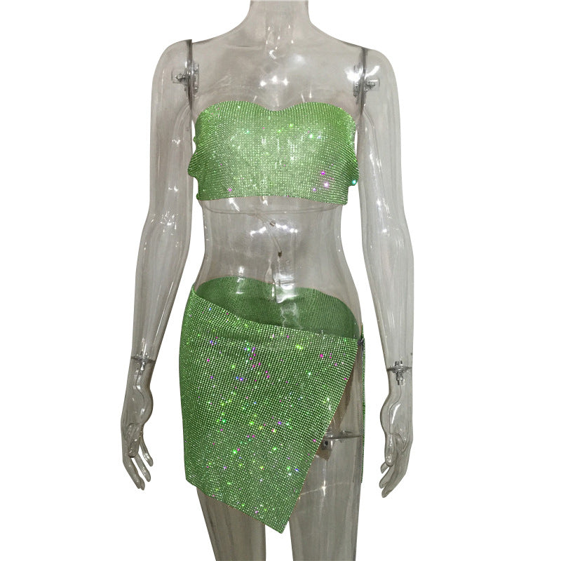qgtao dti outfits Fashion Nightclub Women's Personalized Rhinestone Metal Tube Top Skirt Suit Hot Girl Flash Diamond Top