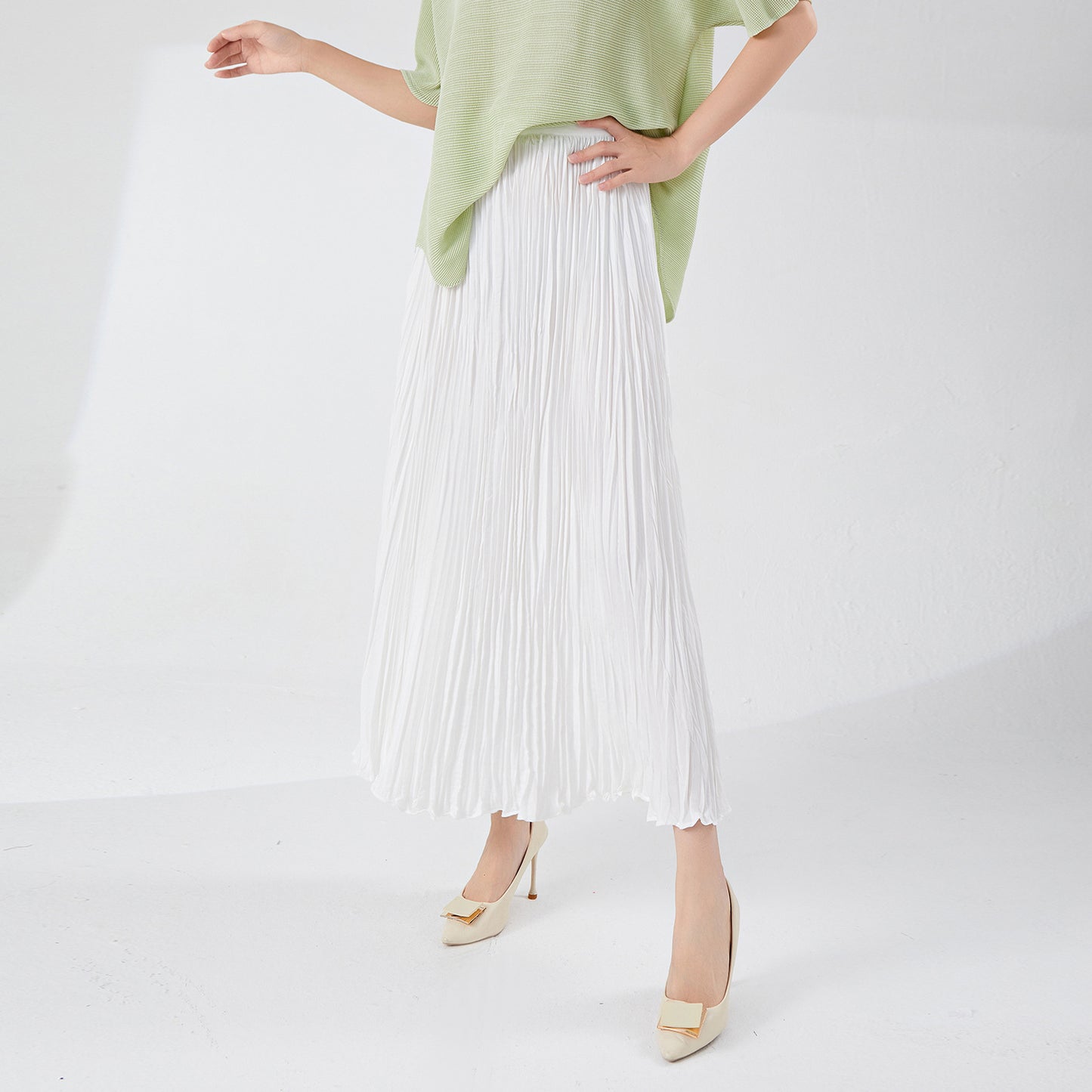 Pleated skirt summer high-end versatile new drop elastic waist a-shaped skirt loose big swing skirt