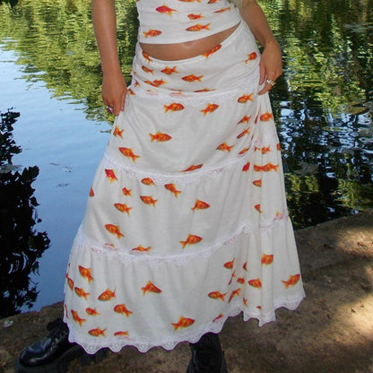 qgtao dti outfits Gentle Style Sexy Sling Top Fashion Goldfish Pattern Casual Temperament Cake Skirt Suit Women