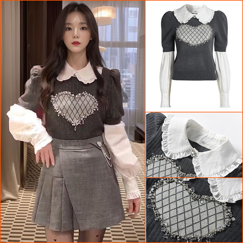 Small Gentle Wind Skinny Sweater Bottom Shirt Irregular High Waist Pleated Skirt Winter Women's Clothing Set Two-piece Set