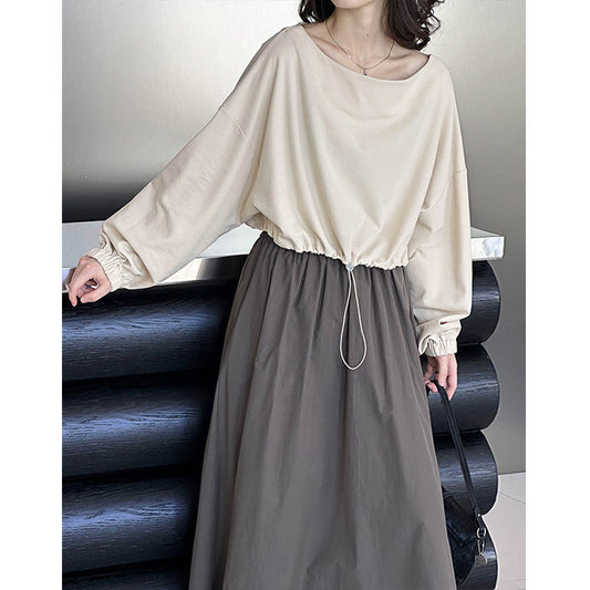 2025 Spring New Top Korean Solid Color Design Sense Drawstring Waist Long Sleeve Short T-Shirt 4525