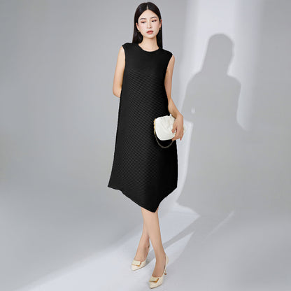 Shenzhen Nanyou Sanzhai dress summer women's clothing round neck sleeveless solid color medium and long irregular pleated skirt tide