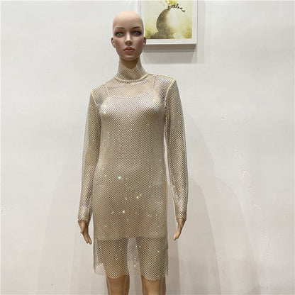 qgtao avant garde dress to impress Sexy Turtleneck Hot Drilling AB Color Diamond Shiny Perspective Grid Dress New Party Dress