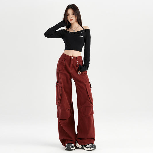 2025 A piece of wholesale hair delivery, n Ankola red dyed overalls, autumn Hong Kong style, high waist, multiple pockets, loose wide legs.