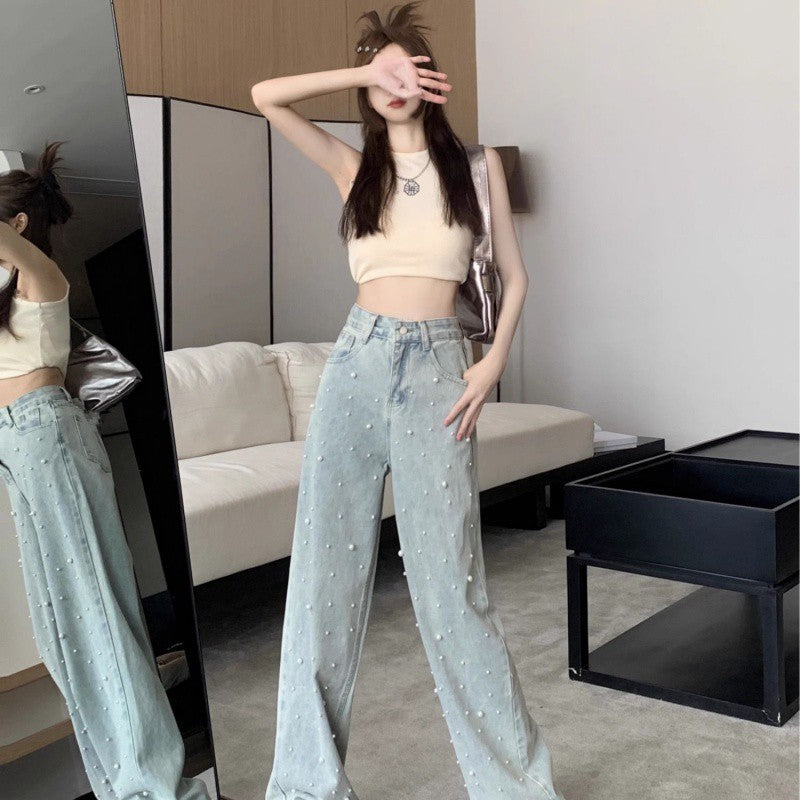 qgtao dti outfits Straight Denim Wide-Leg Pants Beaded High Waist Slimming Trousers Women's Niche Design Spring Mop Pants Fashion