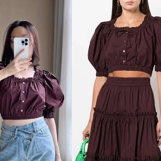 2025 n women's clothing SE fuchsia bubble sleeves poplin pure cotton short-sleeved lace-up top ultra-short waist shirt summer