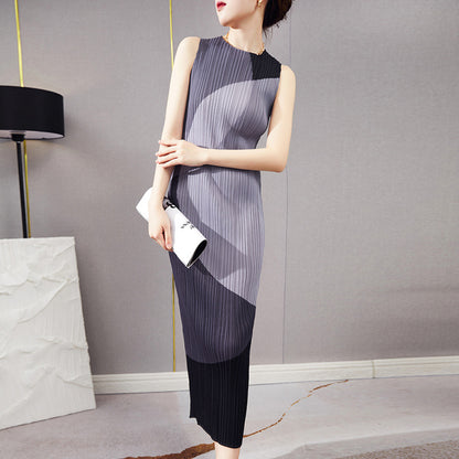 Folded skirt summer women's clothing wholesale long sleeveless printing thin versatile commuter design dress