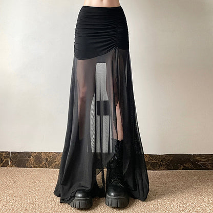 2025 style popular summer new women's clothing sexy fashion black mesh transparent slit skirt skirt