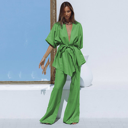 2025 popular summer new  fashion suit cotton and linen short-sleeved trousers two-piece belt design casual women's clothing