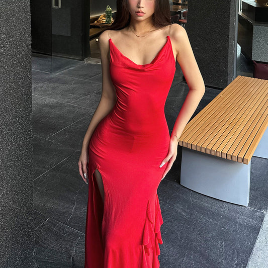 2025 style  spring new women's clothing red slim-fitting long dress high split fork thin shoulder strap design dress