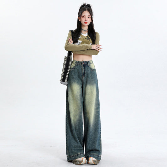 2025 popular retro blue n jeans women's early autumn new heavy industry washed fashion versatile wide leg mopping pants tide