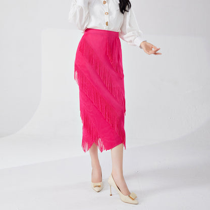 fringed skirt spring and summer high sense irregular medium and long temperament versatile straight hip skirt Popular style