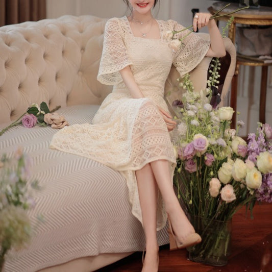 Popularan Station 2025 Spring New Sanya Seaside Holiday Long Dress Super Immortal Temperament Waist White Lace Dress